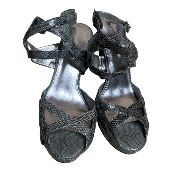 Calvin Klein Gray Faux Leather Reptile Strappy Platform Heels Sandals Size 9 M - Picture 3 of 8